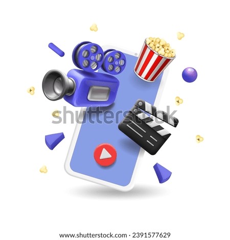 Online cinema poster. Mobile smartphone, Movie Reel, Clapper Board.. Videoblog or film making concept. 3d vector.