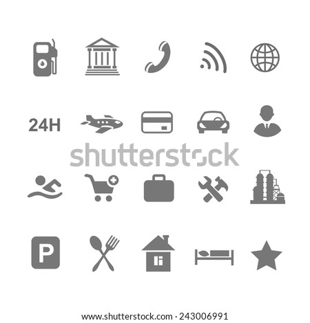 location icons  set isolated on white airport car  shopping restaurant hotel gas station