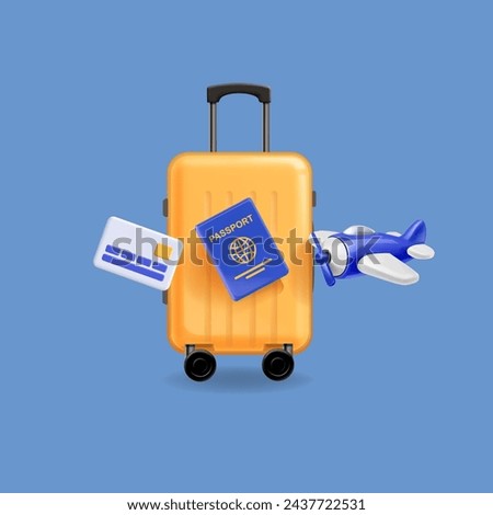 Luggage or baggage, airplane, credit card and red passport. Tourism advertising. Travel concept. Vector 3d on blue background