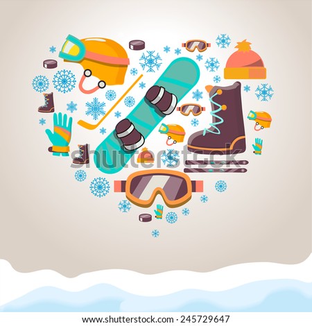 Winter Sports equipment background. snowboard  and hockey icons