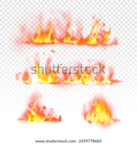 Fire flame on transparent background. Burning horizontal elements realistic borders. Vector illustration