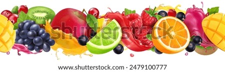 Fruit Seamless Pattern, Sweet tropical fruits and mixed berries in juice splash. Orange, lime, grapes, apple, raspberry, blueberry, cranberry. 3d realistic