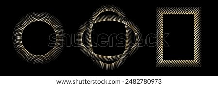 Gold Halftone round, oval and square frame. Different Golden luxury Halftone circle and rectangular dots border. Dotted texture frames. Vector illustration isolated on black background.