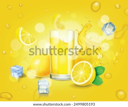 Lemon juice advertising. Fresh lemonade banner with lemon fruit, splash and drinking glass. Citrus beverage. Vector ads design packaging on yellow background