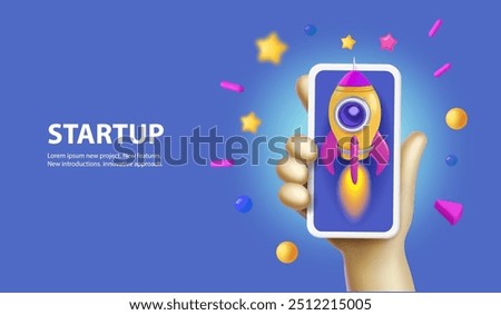 Startup vector concept, 3d Cute cartoon hand holding mobile smartphone with launching rocket, Successful business project start up,