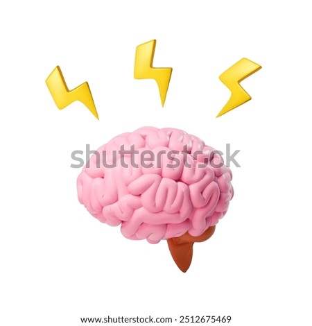 Brain with thunderbolt flashes. Brainstorming creative idea. Human Brain and lightning bolt Vector 3d cartoon icon illustration isolated