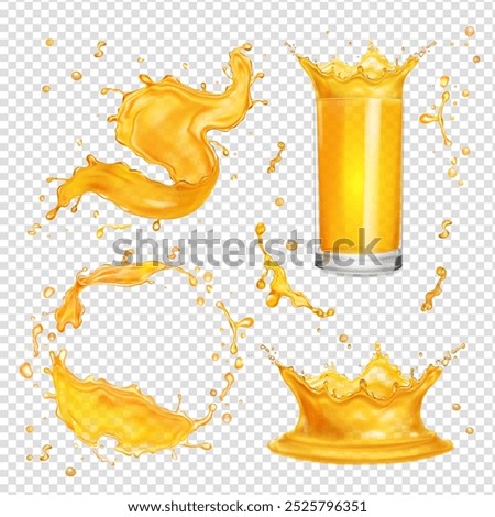 Orange juice splash, mango splashes. Orange paint, mango, pineapple drink, transparent glass Yellow beverage logo. Papaya splash river. Realistic vector set isolated