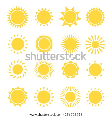 Sun icons collection.  The sun sets straight, florid and twisted rays on white background. Vector illustration Vector illustration