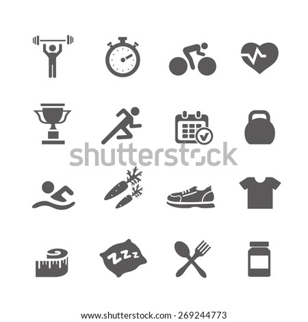 Health and Fitness icons  vector set icons with a stopwatch bodybuilder weights dumbbells heart with pulse trainer shoes bottled water