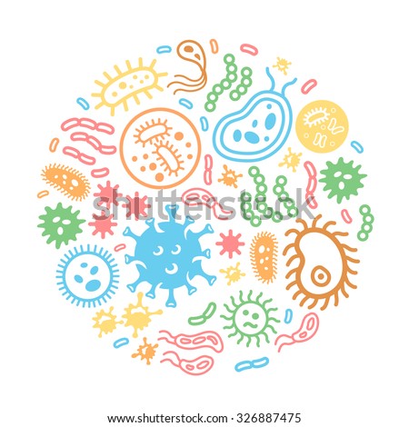 Bacteria and virus on a circular background, biology, science microbiology, microbe infection illustration colored vector