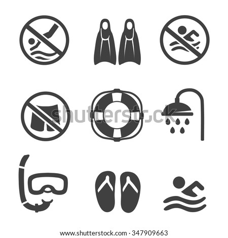 Swimming pool icons,  diving, mask,   flippers and shower. sport vector icons set