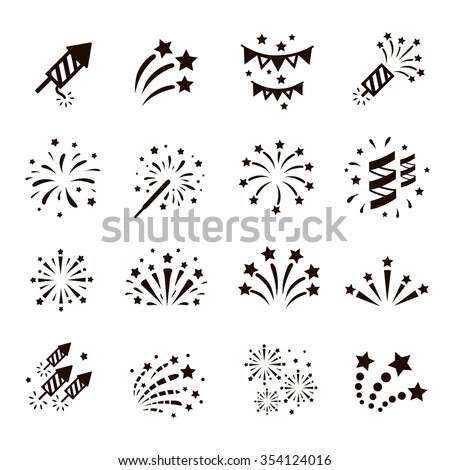 Firework icon set with petard, stars. Festival and event, celebrate and party. Vector 