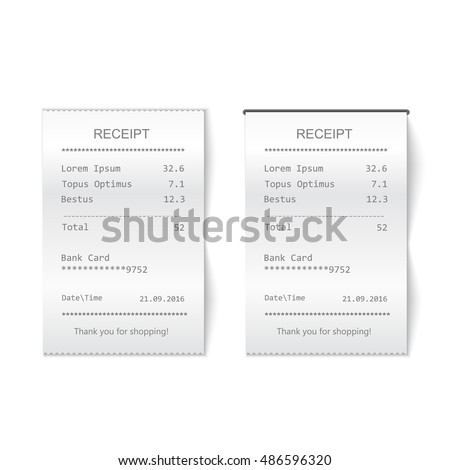 Vector sales printed receipt. Bill atm template, cafe or restaurant paper financial check Realistic vector illustration