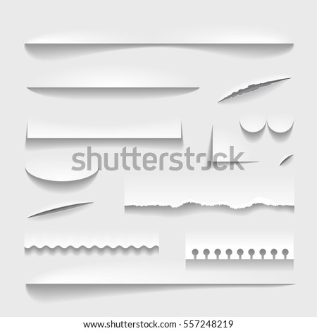 Transparent realistic paper shadow effect set. Perforated ripped torn jagged cut edges vector illustration