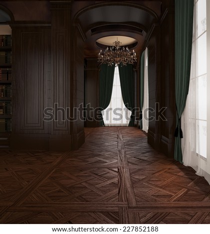 3d rendering. Antique Room. Classical wooden hall