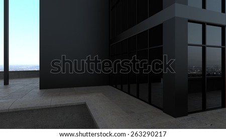 3d rendering. dark blank exterior scene with concrete floor dark glass