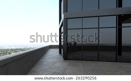 3d rendering. dark blank exterior scene with concrete floor dark glass