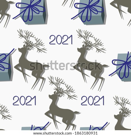 Gold graceful deer with large branchy horns blue gifts boxes and inscription 2021 on white background. Vector illustration with Christmas attributes for banner wrapping paper greeting card template th