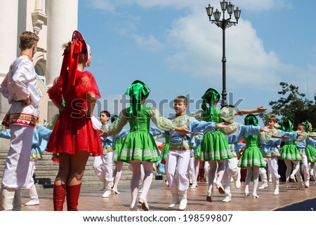 Crimea, Sevastopol - 12 June. The Holiday of Day of Russia. Children dance Russian folk dance. June 12, 2014 in Sevastopol, Crimea, Russia