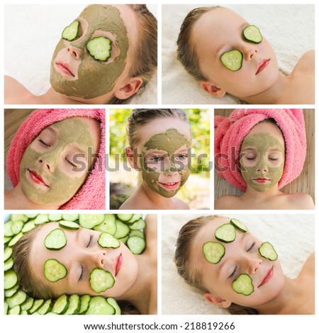Collage beautiful girl with facial mask of cucumber