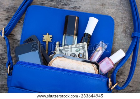 Blue women\'s purse. Things from open lady hand bag.