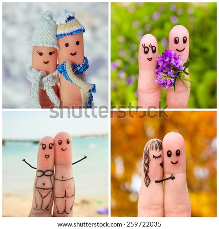 Finger art of a Happy couple. Four Seasons: winter, spring, summer, autumn.