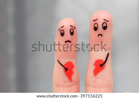 Finger art of couple. Woman and man holding broken heart.   Stockfoto © 