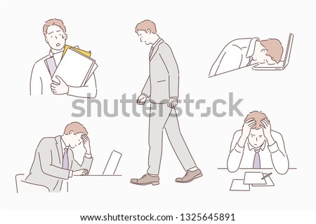 Businessman bored tired exhausted sleeping in the office scene Set. Humor office life. Hand drawn style vector design illustrations.