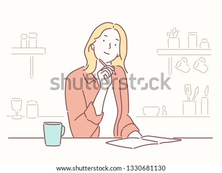 Smiling young woman studying at the table on a kitchen at home Hand drawn style vector design illustrations.