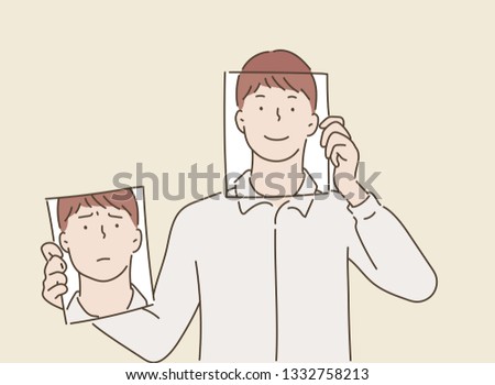 man holding two white photo sheets with different portrait emotions, one hiding half face with angry expression on and another with a happy, smiling face.Hand drawn style vector design illustrations.