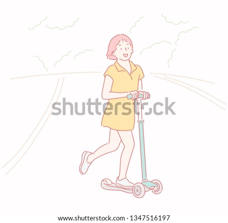 Girl playing with the kick board. Hand drawn style vector design illustrations.