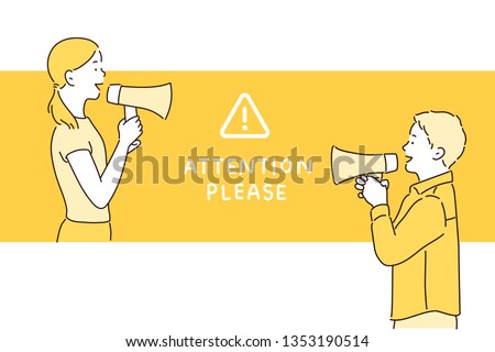 Woman and man on vibrant yellow background shouting through a megaphone to announce something in lateral position. Hand drawn style vector design illustrations.