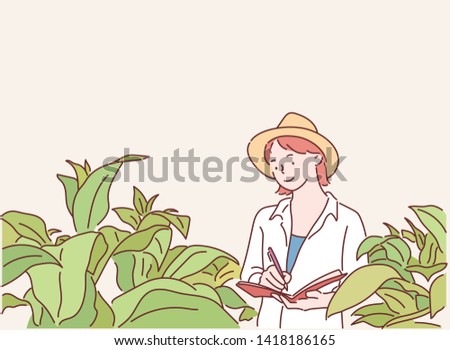 Happy researcher botanical research plant wearing a straw hat and her hand holding a pen and notebook for taking notes for research. Hand drawn style vector design illustrations.