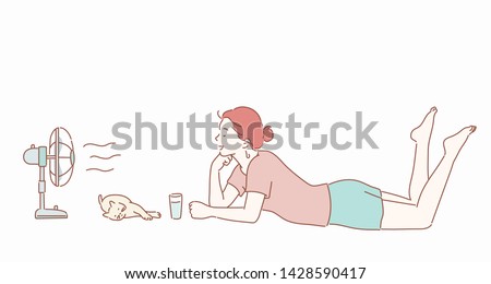 Isolated sweating girl cooling herself with fan vector illustration and decorative element for summer and hot weather. Hand drawn style vector design illustrations.