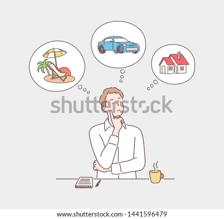 Man dreaming about home, investment, travel and car after earning dollars. Hand drawn style vector design illustrations.