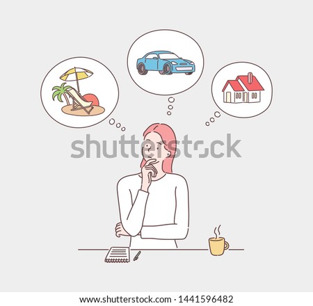 Woman dreaming about home, investment, travel and car after earning dollars. Hand drawn style vector design illustrations.