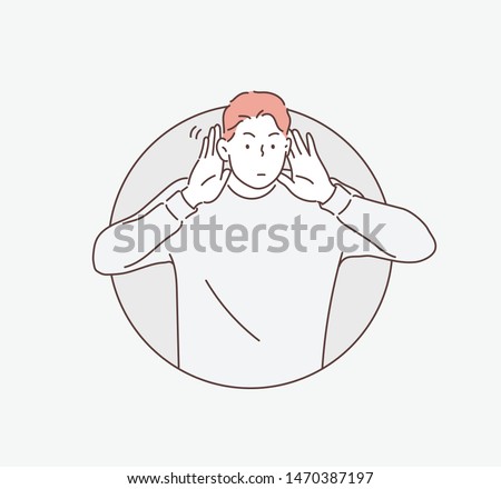 Say more loudly. Attractive happy man smiling and having his hand hear his ear and showing that he cant hear. Hand drawn style vector design illustrations.