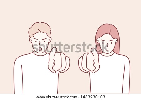  It's you! Portrait angry annoyed people getting mad pointing finger at you camera showing hand gesture this is you. Hand drawn style vector design illustrations.