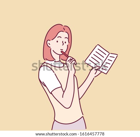 Cute woman writes some notes in notepad. Young  student girl is thoughtful with pencil in hand on yellow background. Hand drawn style vector design illustrations.