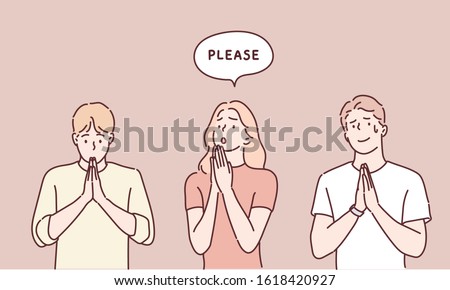 People begging and praying with hands together with hope expression on face very emotional and worried. Hand drawn style vector design illustrations. 商業照片 © 