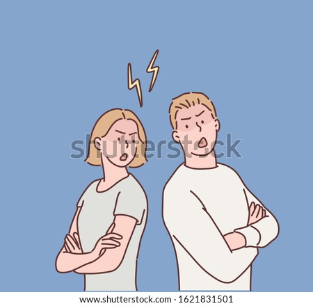 Angry man & woman turning away from each other crossing their arms. Standing back to back after argument. Hand drawn style vector design illustrations. ストックフォト © 