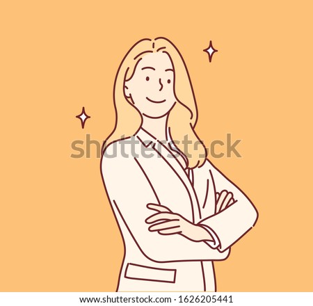 Businesswoman smiling gleefully, feeling happy, satisfied and relaxed, with crossed arms. Hand drawn style vector design illustrations.