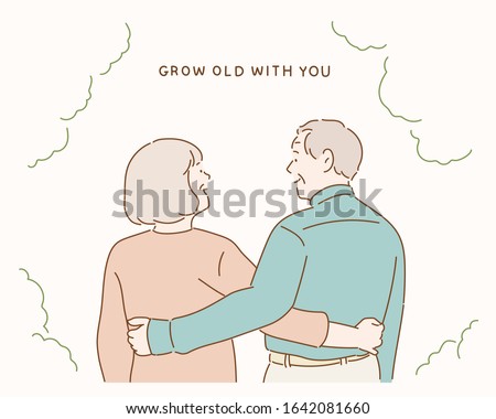 Back view of beautiful senior couple hugging and looking outdoors. Hand drawn style vector design illustrations.