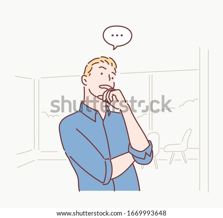 Pensive businessman thinking with hand on chin. Hand drawn style vector design illustrations.