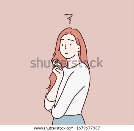 Thinking woman standing pensive contemplating looking skeptic. Hand drawn style vector design illustrations.