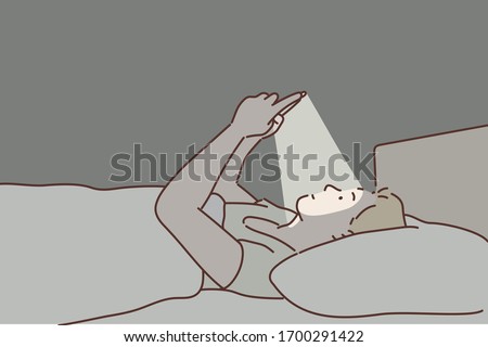 young man in bed couch at home late at night texting on mobile phone in low light relaxed in communication technology and internet social network concept. Hand drawn style vector design illustrations.