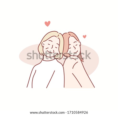 Beautiful senior mom and her adult daughter. Hand drawn style vector design illustrations.