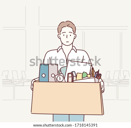 Businessman leaving office after being laid off carrying box of belongings. Hand drawn style vector design illustrations.