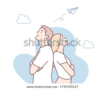 attractive couple leaning back to back with arms crossed. Hand drawn style vector design illustrations.