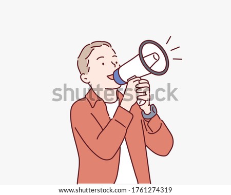 Adorable little boy shouting in megaphone. Hand drawn style vector design illustrations.